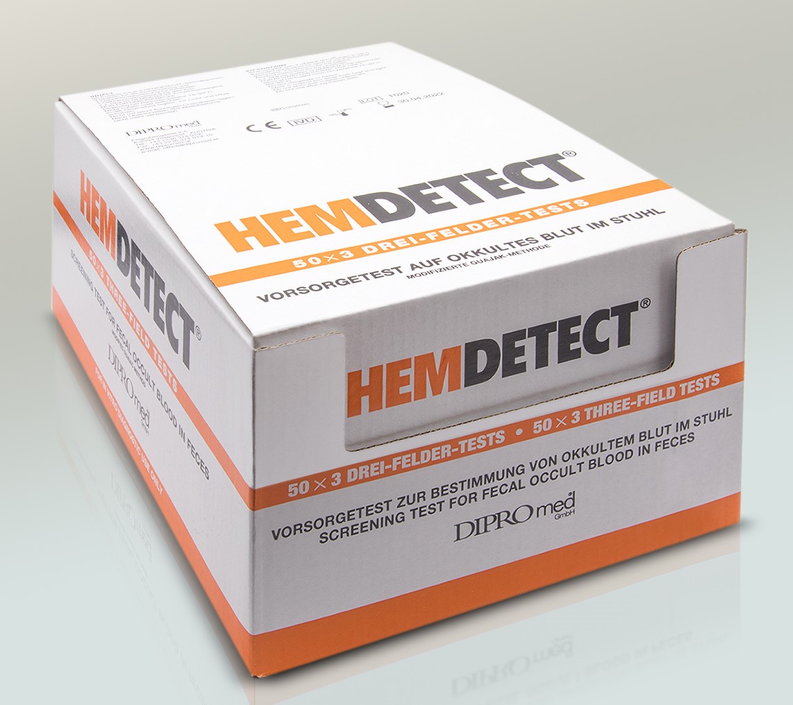 Hemdetect, Stuhltest, Dreifeldtests, Hämoccult, FOBT, FIT, Okkulter Bluttest, Präventionstest Kolon