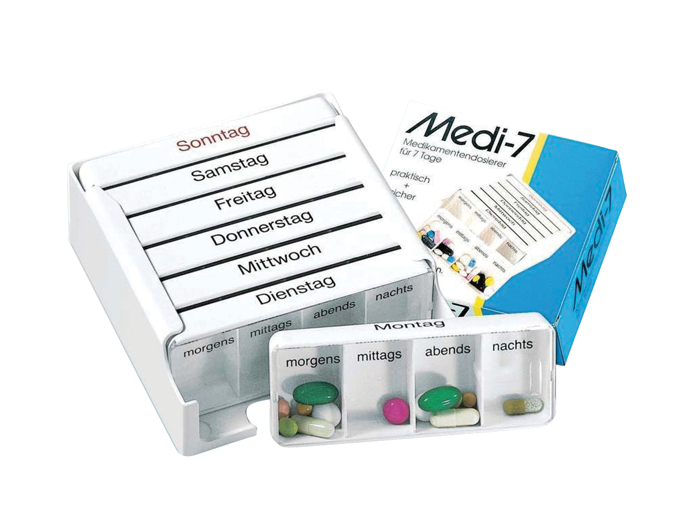Medi 7 Wochendispenser, Medikamentenaufbereiter, Ersatzdispenser, Ersatzdeckel