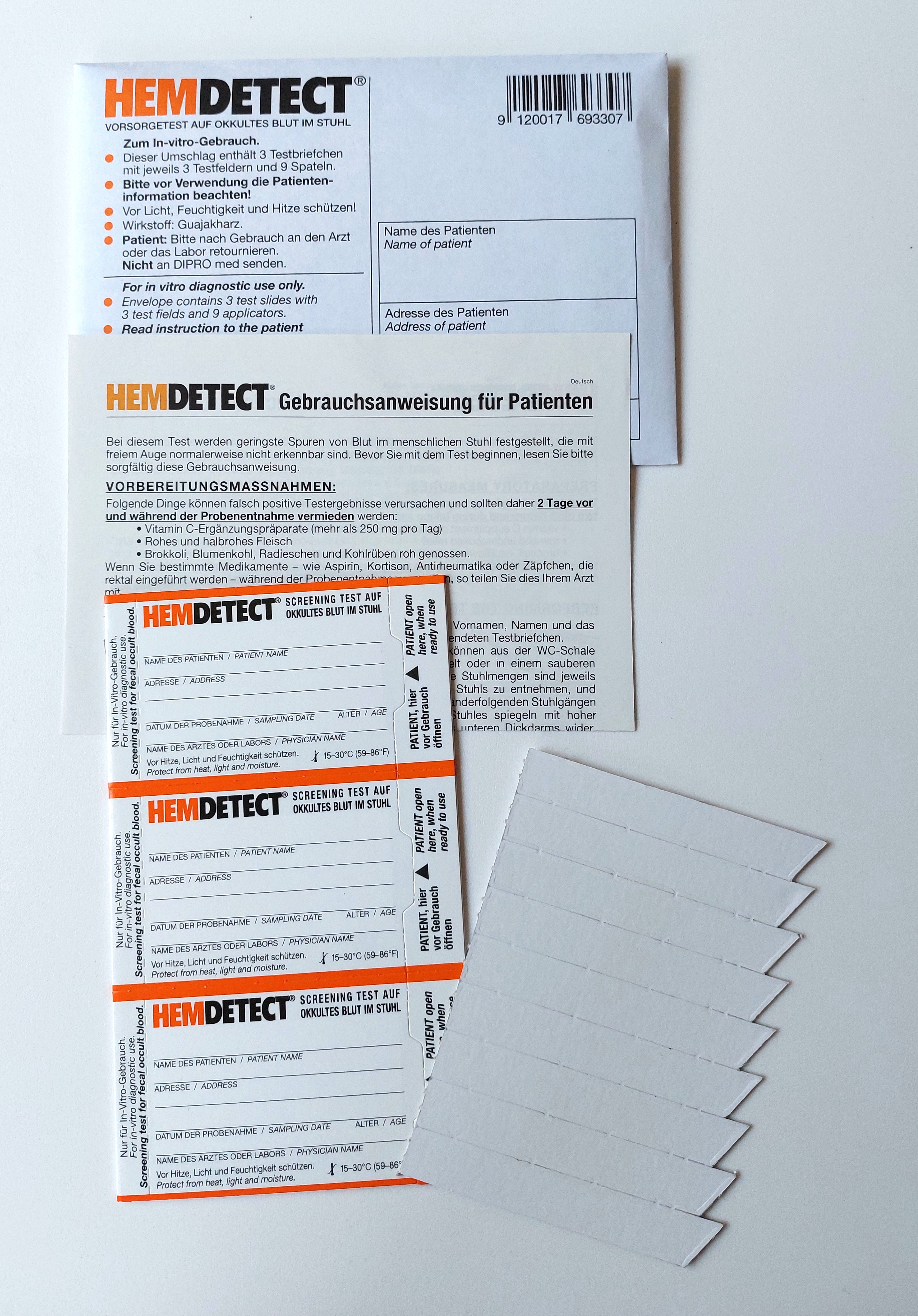 Hemdetect, Stuhltest, Dreifeldtests, Hämoccult, FOBT, FIT, Okkulter Bluttest, Präventionstest Kolon